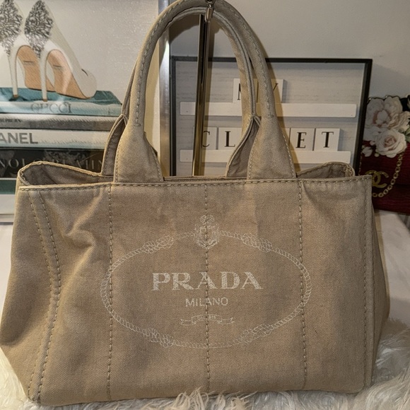 Prada Canapa Demin Logo Handle Bag EUC in Neutral - Picture 2 of 14